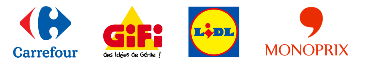 Logos des enseignes, discounteurs et EDMP qui ont fait confiance à Kap4Home: Carrefour, Gifi, Lidl, Monoprix